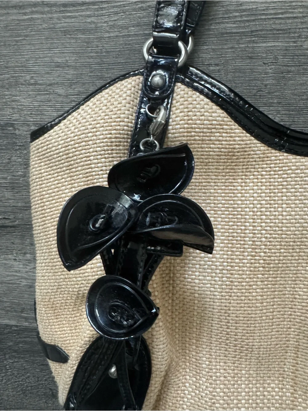 Cole Haan Straw Raffia Shoulder Bag with Black Patent Heather Trim